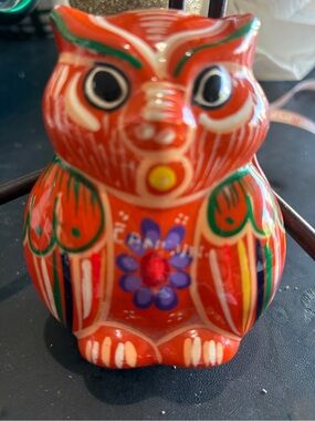 Hand-Painted Orange Owl Mexican clay, trinket box owl